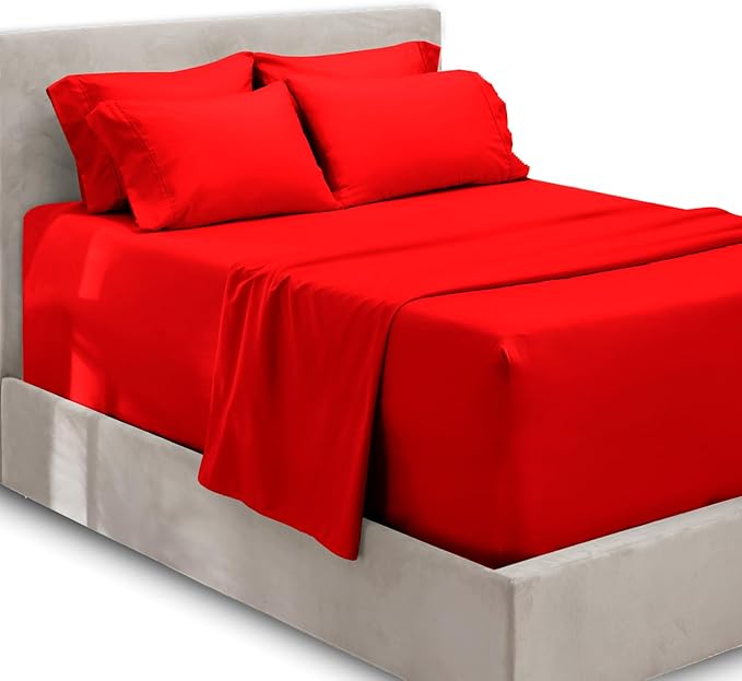Hearth & Harbor Extra Deep Pocket King Size Sets - Fits Mattress 18-24 Inches Deep - Extra Deep Pocket Sheets - 6 Piece King Size - Cherry Red
