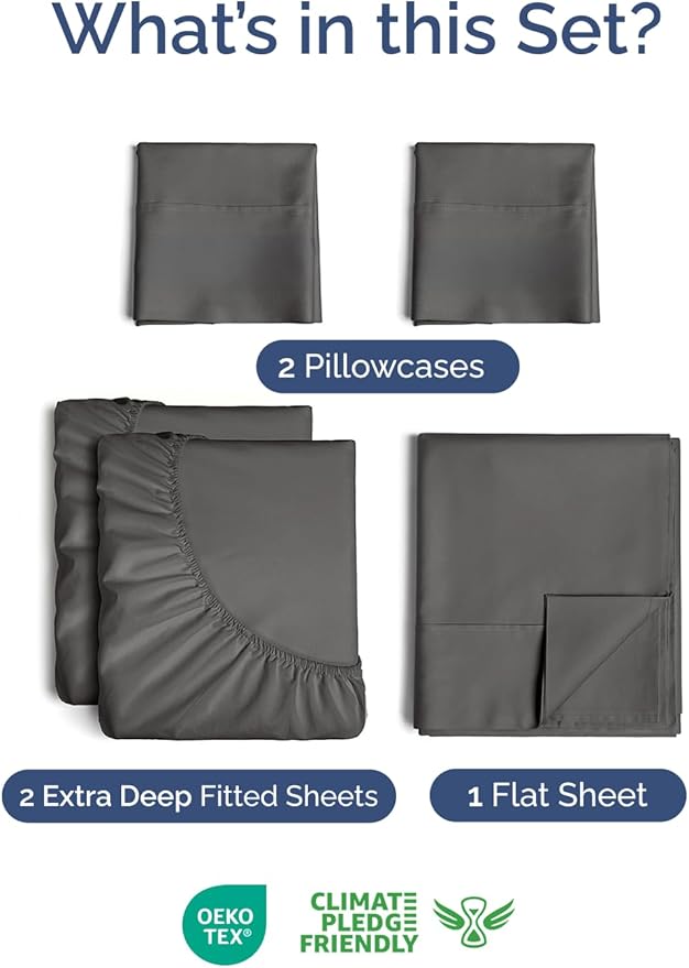 Extra Deep Split King Sheet Set - 5 Piece Breathable & Cooling Bed Sheets - Easily Fits 18 to 24 inch Mattress - Ultra Soft, Wrinkle & Fade Free w/ Extra Deep Pockets - Hotel Luxury Bedding - Charcoal