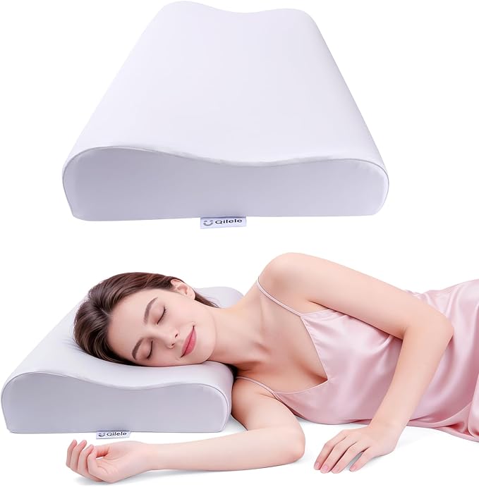 Ergonomic Memory Foam Pillow 2 heights: Mid-Low, Cervical Support Relieve Neck Back Pain, Breathable Cool Ice Silk Anti-Wrinkle Cover, SGS Certificates, for Side Back Stomach Sleeper, Queen Size