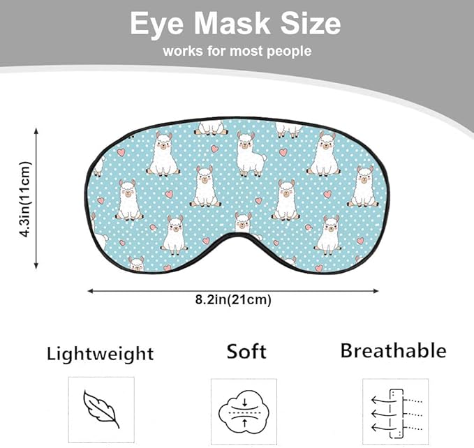 Cute Alpaca Silk Eye Mask Sleep Mask Red Heart White Llama Dots Cartoon Eye Mask with Adjustable Strap Lightweight for Women Work Travel Night Sleep