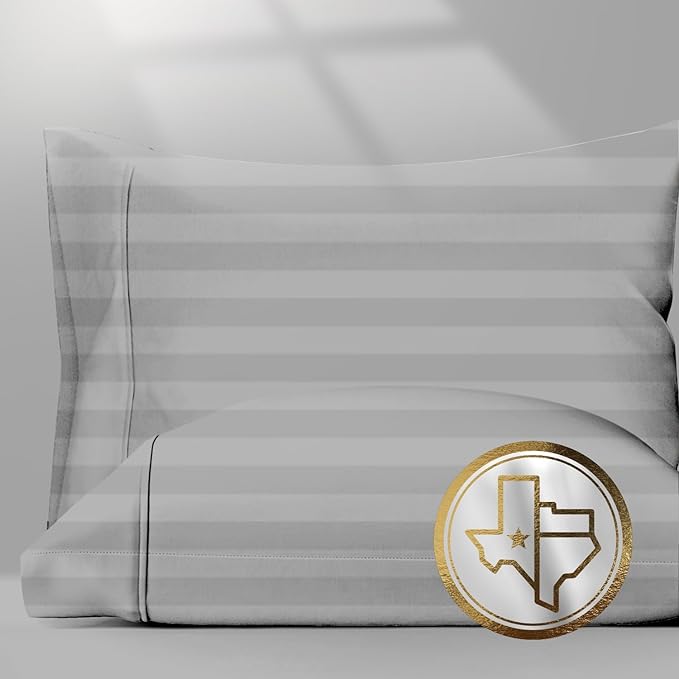 TEXAS LINEN CO. 100% Egyptian Cotton Pillow Cases King Size Set of 2 - Luxury 1500 Series Couture Comfortin' Damask Sateen Pillow Covers (Silver Stripe), Hotel Pillowcases, Fits King Size Pillows