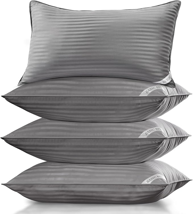 Basic Beyond Bed Pillows Queen Size Set of 4 - Down Alternative Pillows for Sleeping, Soft 20 x 28 Inches 4 Pack Queen Pillows for Back, Stomach or Side Sleepers, Grey