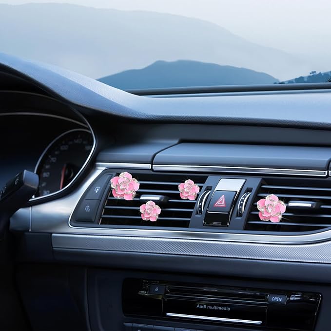 4PCS Bling Car Air Vent Clips, Flower Shiny Rhinestone Clip-on Vehicle Air Outlet Clamp, Sparkly Diamond Auto Interior Vent Decoration Clip, Universal for SUV Automobile Truck (Pink)