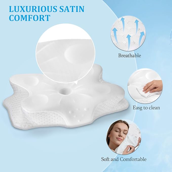 Cervical Neck Pillows for Sleeping & Pain Relief-Ergonomic Contour Memory Foam Pillow for Side/Back/Stomach Sleepers, 2 Heights with ICY Cooling White Silk Pillowcase - Gifts for Men & Women