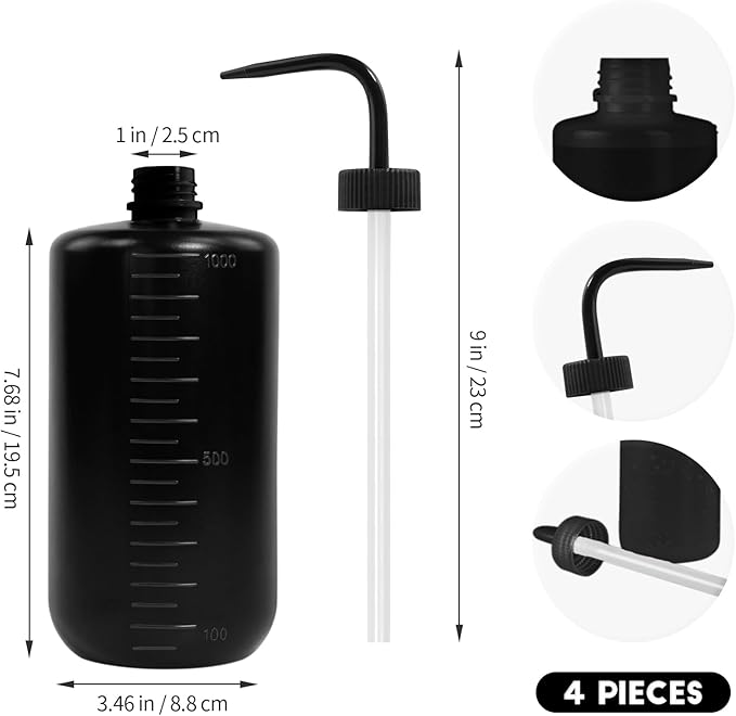 4 Packs Tattoo Wash Bottle Water Squirt Squeeze Diffuser Bottles (Black, 1000ml)
