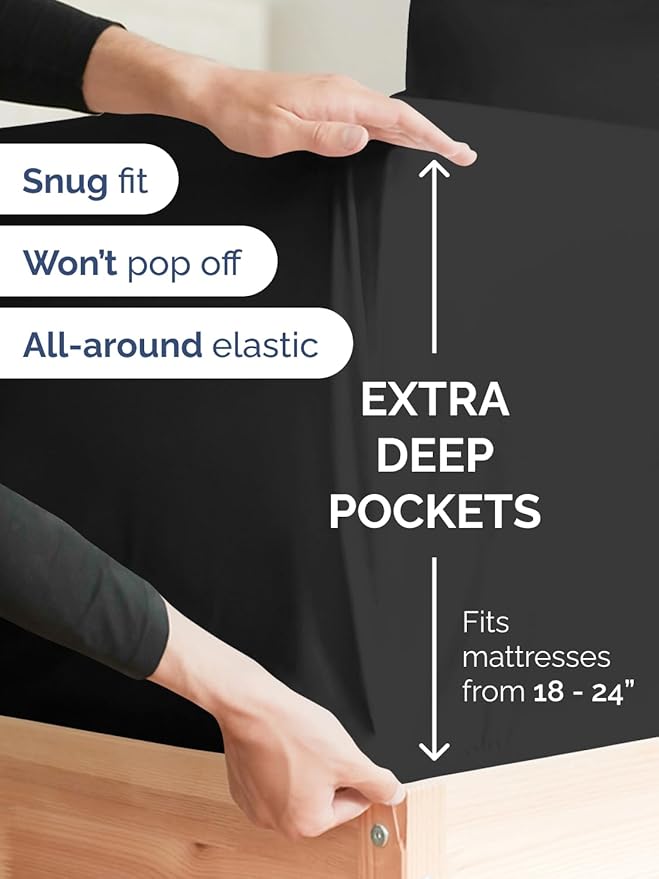 Extra Deep Queen Sheet Set - 4 Piece Breathable & Cooling Bed Sheets - Easily Fits 18 to 24 inch Mattress - Ultra Soft, Wrinkle & Fade Free w/ Extra Deep Pockets - Comfy Hotel Luxury Bedding - Black