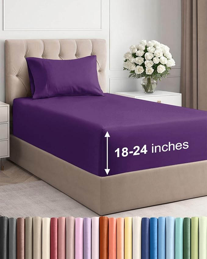 Extra Deep Twin Sheet Set - 3 Piece Breathable & Cooling Bed Sheets - Easily Fits 18 to 24 inch Mattress - Ultra Soft, Wrinkle & Fade Free w/ Extra Deep Pockets - Comfy Hotel Luxury Bedding - Purple