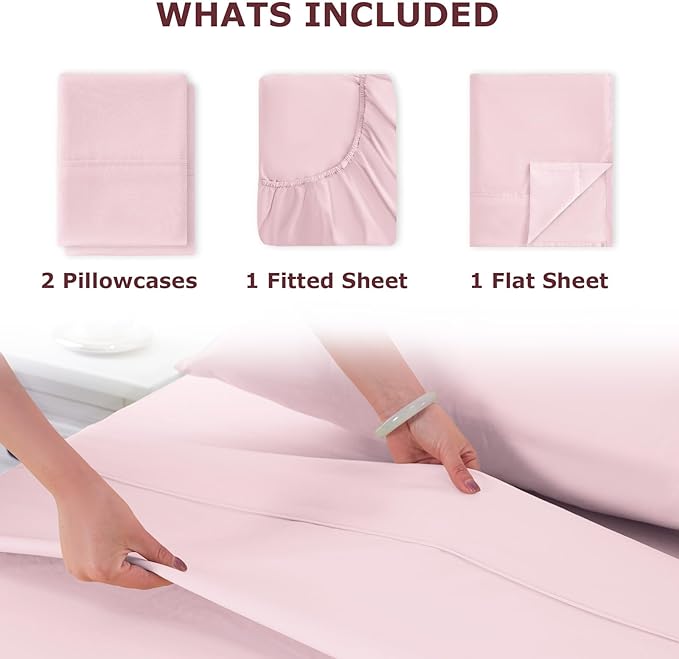 King Size Bed Sheet Set - 4 Piece Soft Microfiber Sheets with Deep Pockets, Cooling Technology, and Wrinkle-Free Pillowcase. Hotel-Quality, Durable Bedding, Light Pink