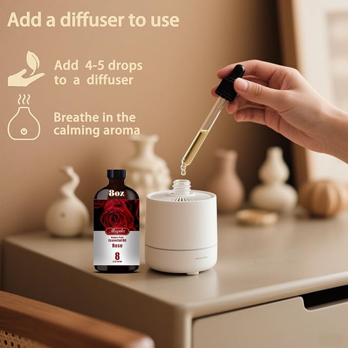 Rose Essential Oil – MLYNKL Rose Oils 8.33 fl oz for Diffusers, Humidifiers, Massage, DIY Candles, Soap, Cleaning, Home, Yoga, Office, Gifts - 250 ml