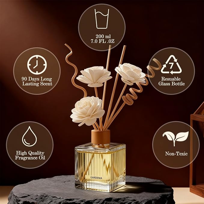 Lemon Reed Diffuser - 6.7 oz Glass Bottle with 4 Rattan Sticks, 3 Dried Flowers | Adjustable, Long-Lasting Scent for Home, Bedroom, Living Room, Office, Bathroom | Aromatherapy Gift