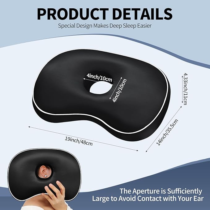 Ear Piercing Pillow with Hole for Side Sleepers for CNH and Ear Pain Inflammation Pressure Sores, Cotton and Polyester Adjustable Filling and Washable Ear Guard Pillow (Light Black Silk)