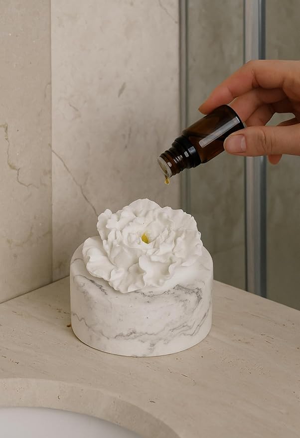 Zenstone White Ceramic Peony Aroma Diffuser – Elegant Home Décor Flower Design, Add Essential Oils for Natural Fragrance, No Flame or Electricity (White)