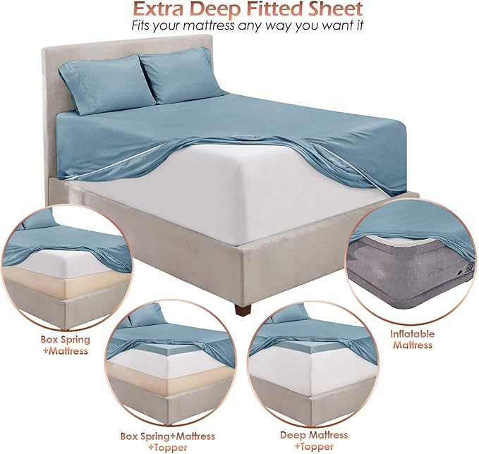 Hearth & Harbor Bed Sheets, Luxury Soft 6 Piece Bed Sheet Set Extra Deep Pocket Fitted Sheets Fits Mattress up to 21", Double Brushed Bedding Sheets & Pillowcases, Cal King, Soft Blue
