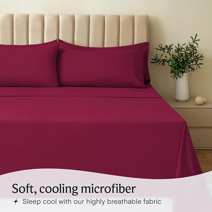 LuxClub 5 PC Split King Sheet Set, Breathable Luxury Bed Sheets, Deep Pockets 18" Eco Friendly Wrinkle Free Cooling Sheets Machine Washable Hotel Bedding Silky Soft - Burgundy Split King