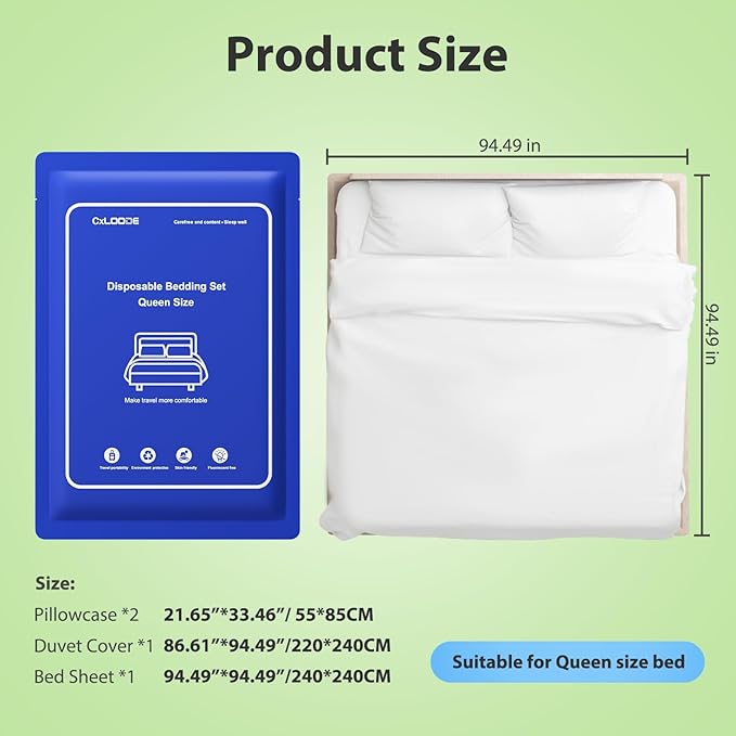 Disposable Bed Sheet Queen Size, Disposable Sheet for Travel, 4 PCS Disposable Sheets with Quilt Cover and Pillowcase,Travel Sheet for Hotel Travel Essentials for Business Trip, Cruise,Camping,SPA