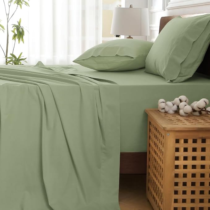 HYPREST 100% Cotton Percale Sheets Queen Size - 18-24 Extra Deep Pocket Bed Sheet Set Queen, Crisp & Breathable Cooling Bedding (Sage Green, Queen)