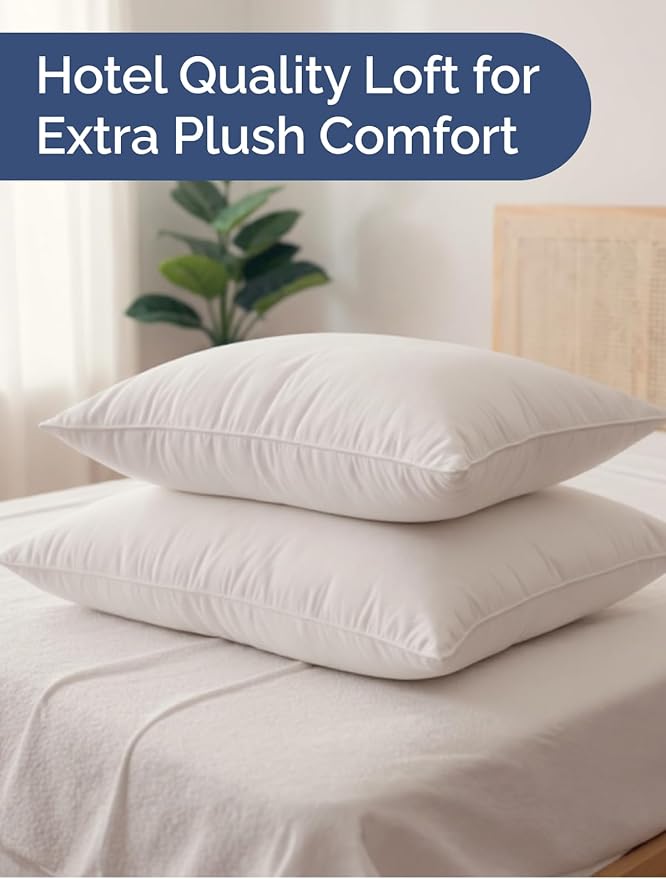100% Cotton Bed Pillows - Queen Size Set of 2 - Super Soft, Breathable, Down Alternative Polyester for Back & Stomach Sleepers - Low Density, Low Loft Support & Machine Washable - 20" x 40" (White)