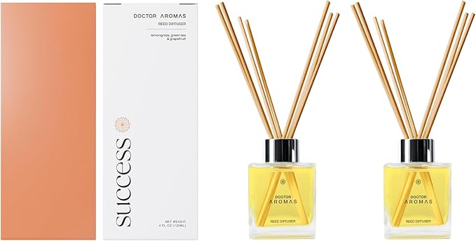Doctor Aromas Premium Reed Diffuser Diffuser Glass Jar Set Elegant Scent for Home, Room or Bathroom and Fresh Air Scent Lasting Home Fragrance Over 90 Days (Pack of 2, Success)