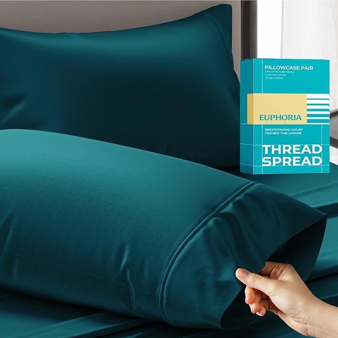 Thread Spread 100% Egyptian Cotton Queen Pillow Cases Set of 2 - Luxury 800 Series Euphoria Collection Queen Pillow Cases (Teal), Soft Cooling Hotel Cotton Pillowcases, Fits Standard Pillows