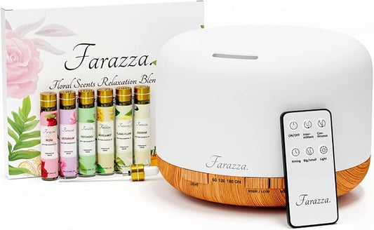 500ml Premium Essential Oil Diffuser, 5-in-1 Ultrasonic Aromatherapy Humidifier & Scent Vaporizer with Auto-Off Timer, Remote, Brown with Oils Gift Pack - Floral Blend