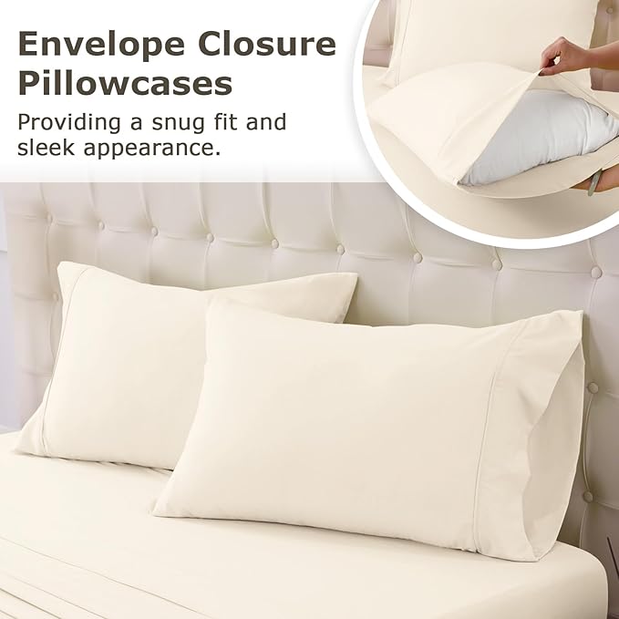 King Size Bed Sheet Set - 4 Piece Soft Microfiber Sheets with Deep Pockets, Cooling Technology, and Wrinkle-Free Pillowcase. Hotel-Quality, Durable Bedding, Cream