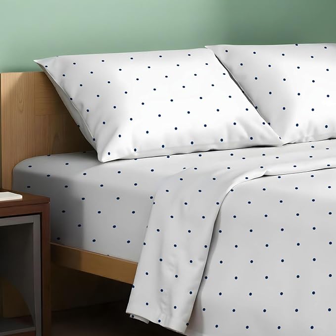 TEXAS LINEN CO. 100% Organic Cotton Printed Sheets California King Size - 4 PC Organic Cotton Cal King Percale Weave Sheet Set, Soft, Cooling & Crisp, 16" Deep Pocket - Polka Dot - Navy