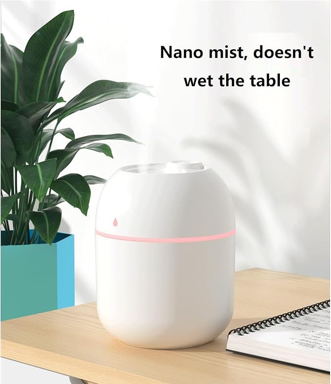 Mini USB Humidifier - Large Capacity, Ultra-Quiet 20dB, 2 Modes (Continuous/Intermittent) with Anti-Dry Burn & Night Light, Nano Mist for Room/Car/Office Desk (<10㎡) (White, 220ml)