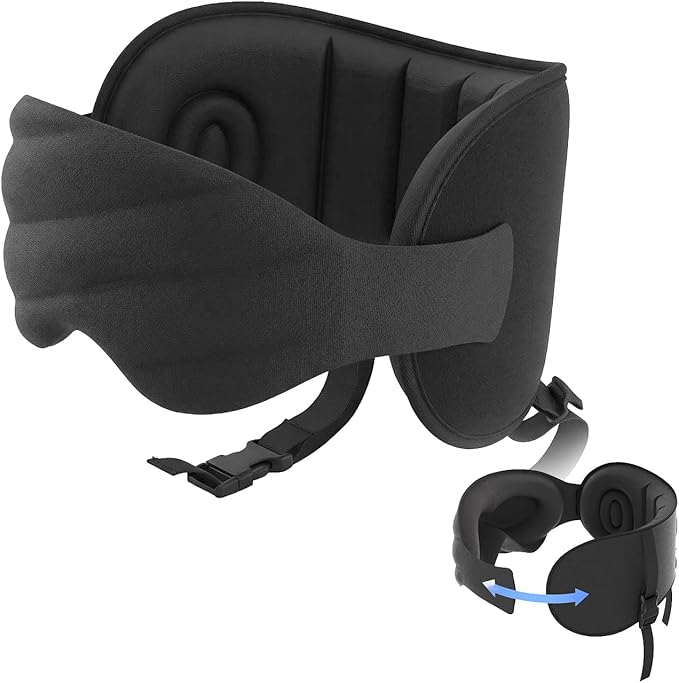 360° Head Support Travel Pillow with Sleep Mask, 2-in-1 Adjustable Headrest Neck Pillow with Eye Mask for Airplane, Car, Office, Light Blocking Sleep Mask for Men Women, Black