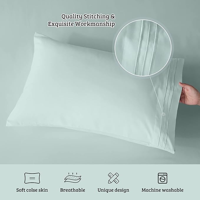 YIYEA California King Pillow Cases Set of 4, Ultra Soft 1800TC Hotel Quality Double Brushed Microfiber Embroidered Pillowcases, Envelope Closure, Fade Resistant (20"x40", Aqua)