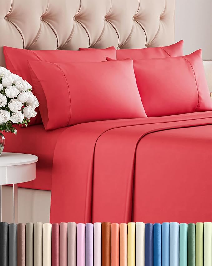 Full 6 Piece Sheet Set - Comfy, Breathable & Cooling - Soft Hotel Luxury Bedding for Women, Men, Kids, Teens & Children - 1 Flat & 1 Fitted Sheet & 4 Pillowcases w/ Deep Pockets - Wrinkle Free - Red