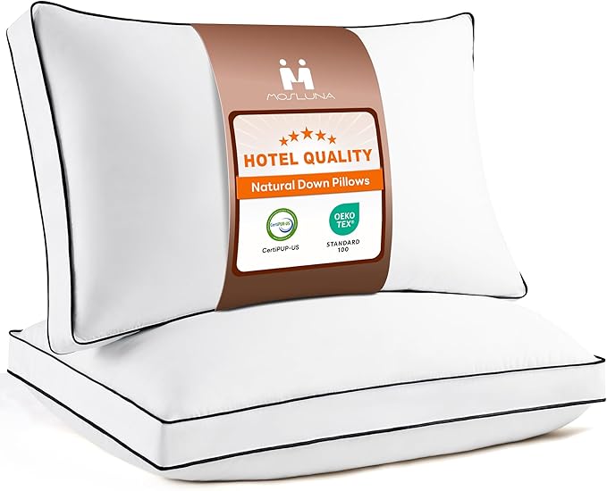 Feather Down Pillows Queen Size Set of 2, Hotel Collection Bed Pillows 2 Pack, Medium Firm Pillow for Side, Back or Stomach Sleepers, Downproof, Gusset Design 20x30 in.