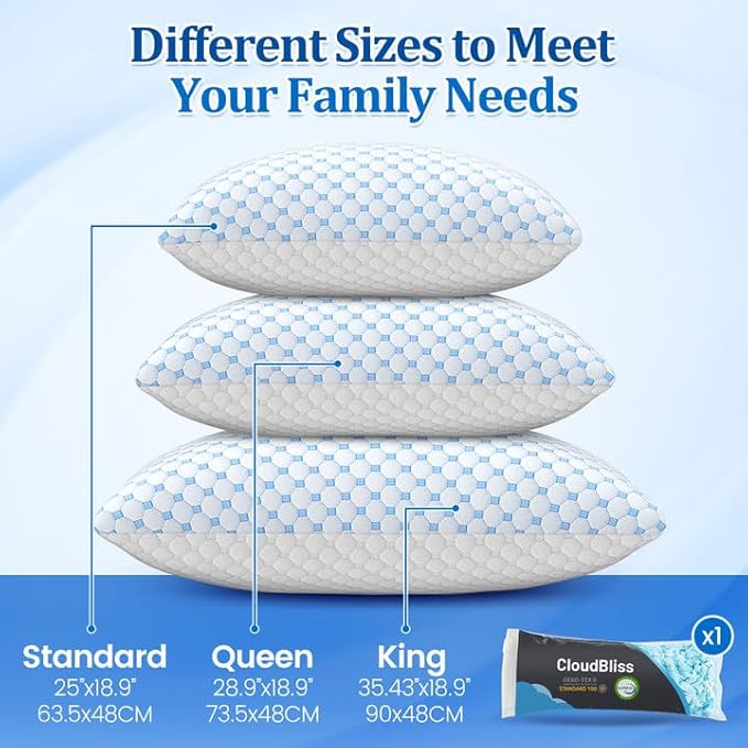 CloudBliss Cooling Bed Pillows for Sleeping, Shredded Memory Foam Pillows with Washable & Breathable Pillowcase, Adjustable Height Pillow for Side, Back and Stomach Sleepers, King Size