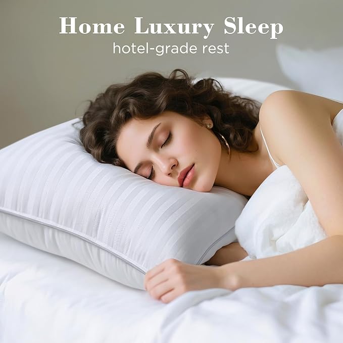 viewstar Bed Pillows Queen Size Set of 2, Hotel Collection Down Alternative Pillows for Side, Back or Stomach Sleepers, Stable Neck Support, Striped White