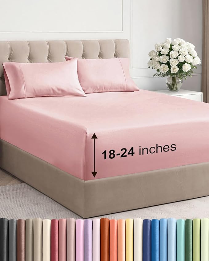 Extra Deep Cal King Sheet Set - 4 Piece Breathable & Cooling Bed Sheets - Easily Fits 18 to 24 inch Mattress - Ultra Soft, Wrinkle & Fade Free w/ Extra Deep Pockets - Hotel Luxury Bedding - Baby Pink
