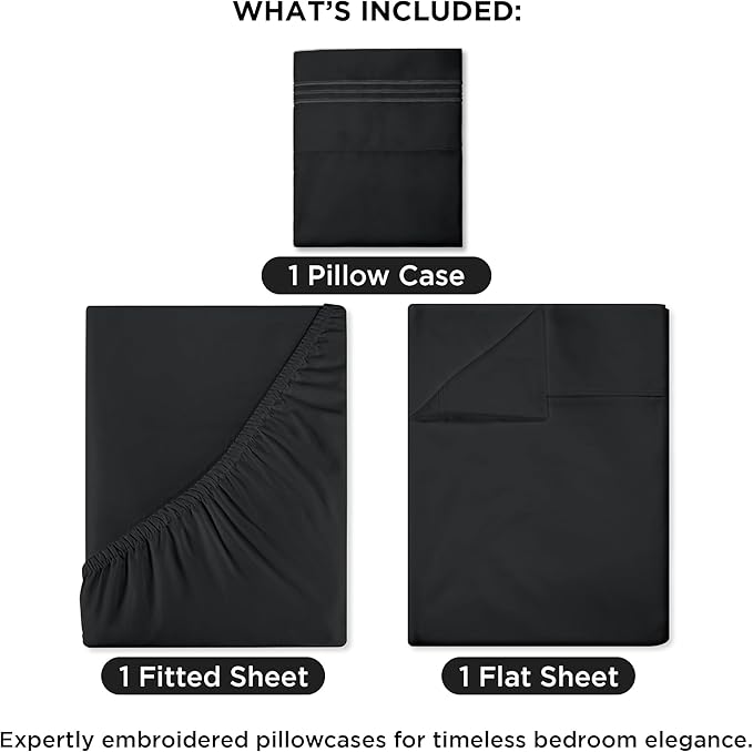 ROYALE LINENS 3 Piece Twin Sheets Set - Soft Brushed 1800 Microfiber Bedding - 1 Fitted and 1 Flat Sheet, 1 Pillow case - Wrinkle Free & Fade Resistant - Hotel Luxury Bed Sheets Set (Black, Twin)