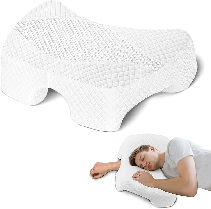Side Sleeper Pillow with Arm Hole, Shoulder Relief System, Arm Pillow for Neck and Shoulder Pain, Premium Memory Foam, Suitable for Side, Back and Stomach Sleepers - White, 7.1in Height
