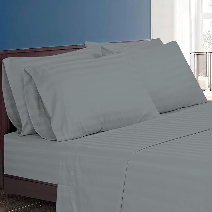 ROYALE LINENS 1500 Thread Count Sateen Dobby Stripe Poly/Cotton Sheet Set - 6 Piece California King Bed Sheets - 1 Fitted, 1 Flat, 4 Pillow Cases -Soft Cool & Crisp Sheet Set (Cal King, Monument)