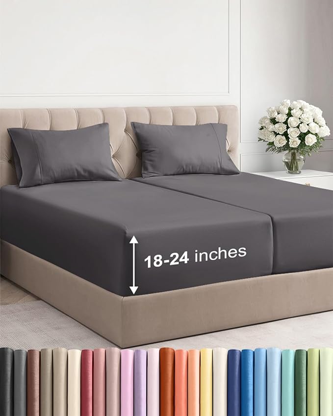 Extra Deep Split King Sheet Set - 5 Piece Breathable & Cooling Bed Sheets - Easily Fits 18 - 24 inch Mattress - Ultra Soft, Wrinkle & Fade Free w/ Extra Deep Pockets - Hotel Luxury Bedding - Dark Grey