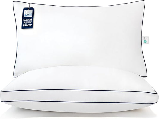 Blue Ridge Home Fashions Hotel Bed Pillows King Size Set of 2, 400 Thread Count 100% Cotton Cover, Medium Support Gusseted Down Alternative Pillow for Back, Stomach or Side Sleepers, 18" x 34", White