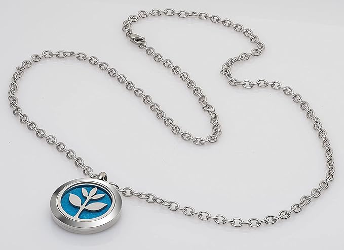 Plant Guru Essential Oil Diffuser Necklace Set Kit with Breathe Blend 10 ml., 25mm Stainless Steel Locket Pendant with 24" Adjustable Chain, 15 Washable Refill Felt Pads. Aromatherapy Jewelry