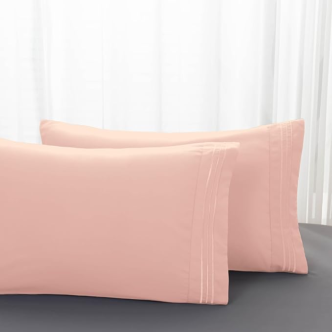 Mocassi 2-Piece Premium Standard/Queen Pillowcase Set 1800 Series Hotel Quality Microfiber - Soft and Breathable with 3-Line Embroidery Wrinkle and Stain Resistant, Easy Care, 20" x 30", Blush Pink