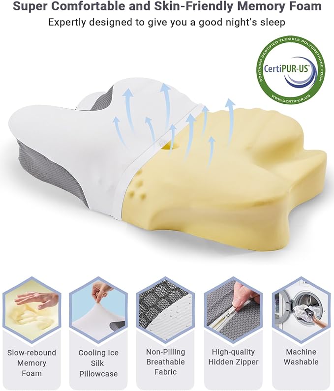 Cervical Pillow for Neck Pain Relief - Cooling Ergonomic Dual-Sided Orthopedic Neck Pillow with Ice Silk Pillowcase, Breathable Memory Foam Contour Pillow for Side, Back, Stomach Sleepers