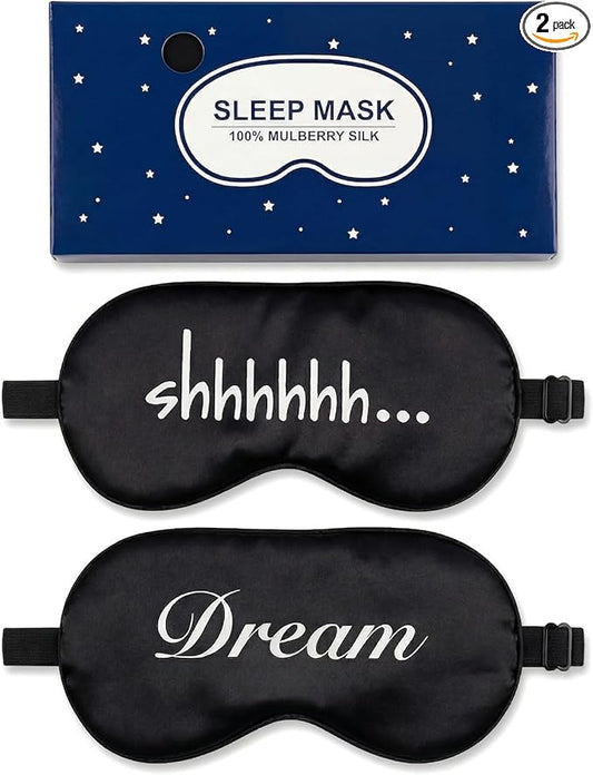 2 Pack 100% Natural Mulberry Silk Sleep Eye Mask with Adjustable Elastic Band Sleep Mask for Women & Men Soft Light Blocking Cover Eyeshade Blindfold Black