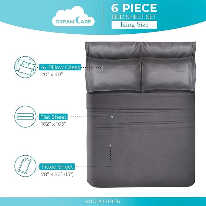 DREAMCARE Queen Sheet Set - 6 pcs Breathable Cooling Bed Sheets - up to 15" Deep Pocket Queen Sheets Set with Side Pockets - Extra Soft 100% Brushed Hypoallergenic Hotel Luxury Bedding - Gray