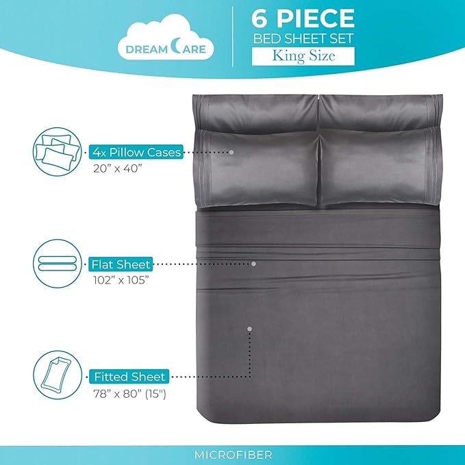DREAMCARE King Size Sheets Set - 6 pcs Breathable Cooling Bed Sheets - up to 15" Deep Pocket King Sheet Set with Side Pockets - Extra Soft 100% Brushed Hypoallergenic Hotel Luxury Bedding - Gray