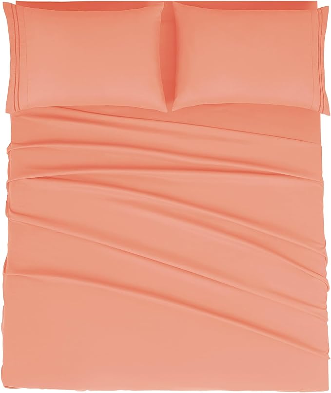 Mejoroom King Size Bed Sheet Set - Hotel Luxury 1800 Bedding Sheets & Pillowcases - 16" Deep Pocket Fitted Sheet, Soft, Breathable, Wrinkle & Fade Resistant - 4 Piece(King, Coral)
