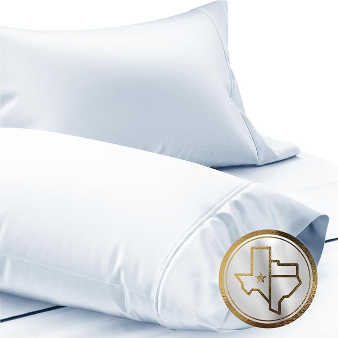 TEXAS LINEN CO. Luxury Egyptian Cotton King Light Blue Pillow Cases Set of 2-1000 Series Lonestar Lovin' Collection Pillowcases for Sleeping, Cooling Extra Long Staple Sateen Bed Pillow Cover
