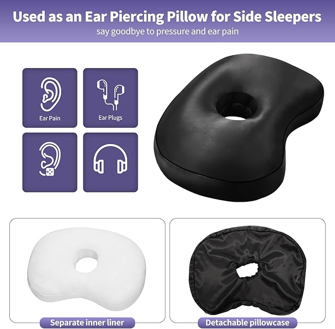Black Ear Piercing Pillow - Side Sleeper Support with 3.5" Ear Hole Relief, Hypoallergenic Velvet Orthopedic Pillow for Healing Piercings