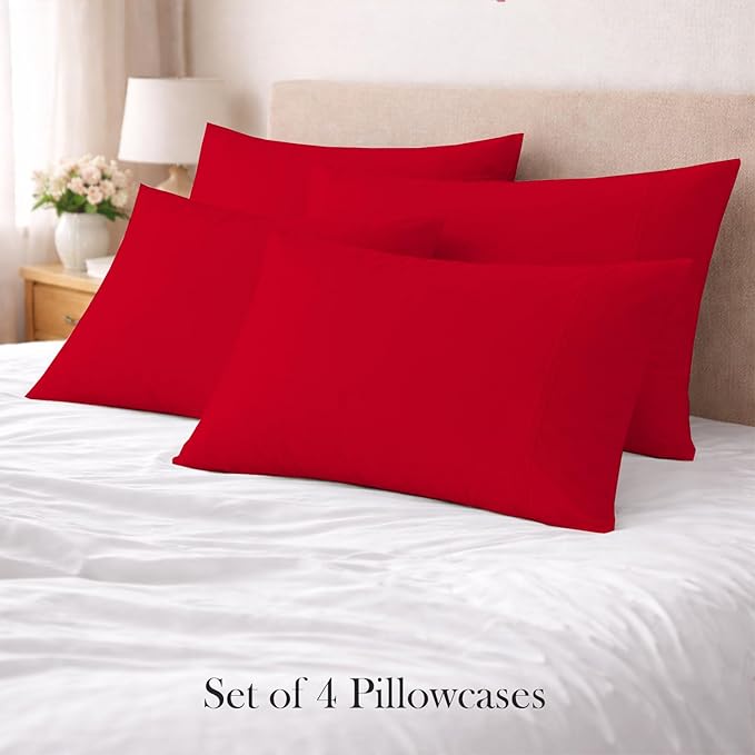 400 Thread Count 100% Egyptian Cotton Queen Size Pillowcases Set of 4, Soft & Breathable Sateen Weave, Envelope Closure, Hotel Luxury Bed Linen, Durable & Fade Resistant, 20"x30", Red