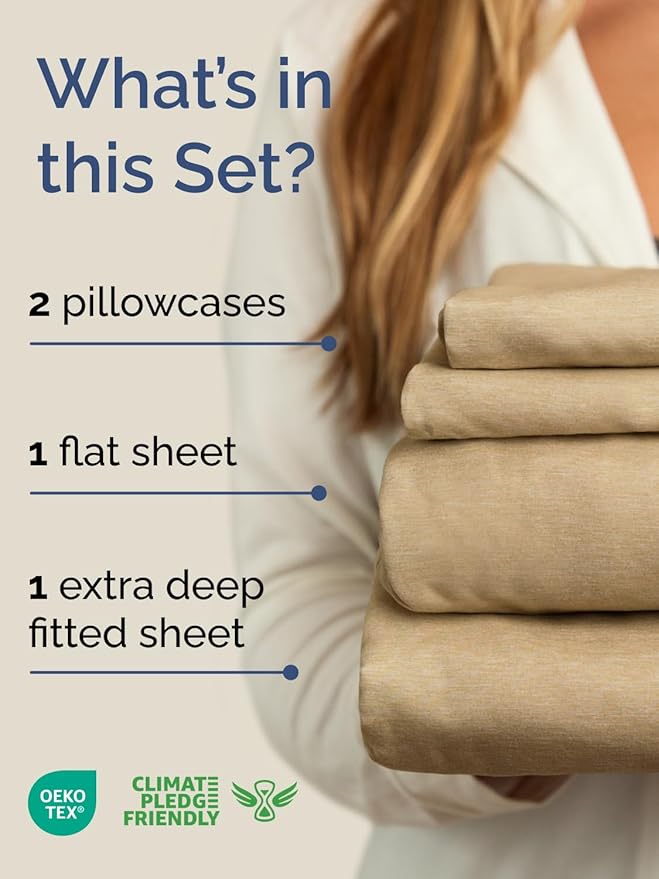 Extra Deep Queen Sheet Set - 4 Piece Breathable & Cooling Bed Sheets - Easily Fits 18 to 24 inch Mattress - Ultra Soft, Wrinkle & Fade Free w/ Extra Deep Pockets - Hotel Luxury Bedding - Heathered Tan